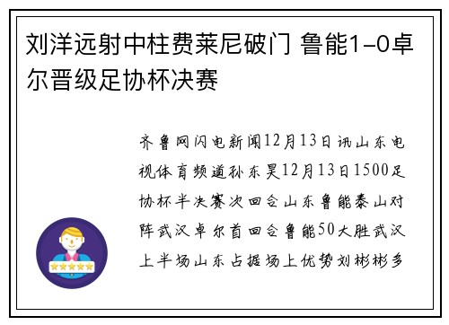 刘洋远射中柱费莱尼破门 鲁能1-0卓尔晋级足协杯决赛