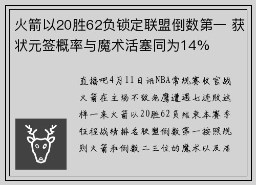 火箭以20胜62负锁定联盟倒数第一 获状元签概率与魔术活塞同为14%