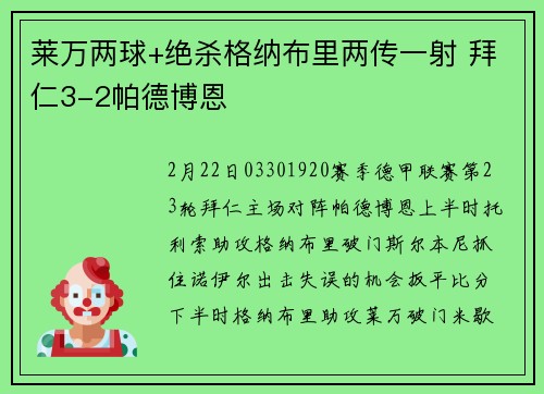 莱万两球+绝杀格纳布里两传一射 拜仁3-2帕德博恩